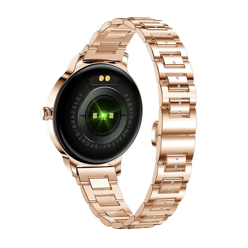 AK38 ladies smart watch with stainless steel wristband options and 1.09-inch TFT display