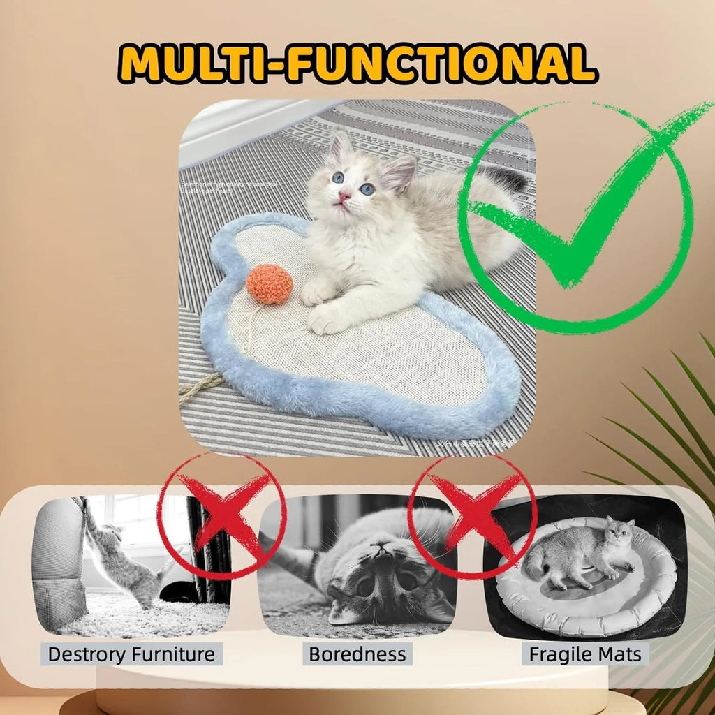 White cat scratching mat with cartoon sleeping cat design made from natural sisal