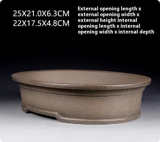 Handmade purple sand ceramic antique oval bonsai pot for succulents, 25cm long.