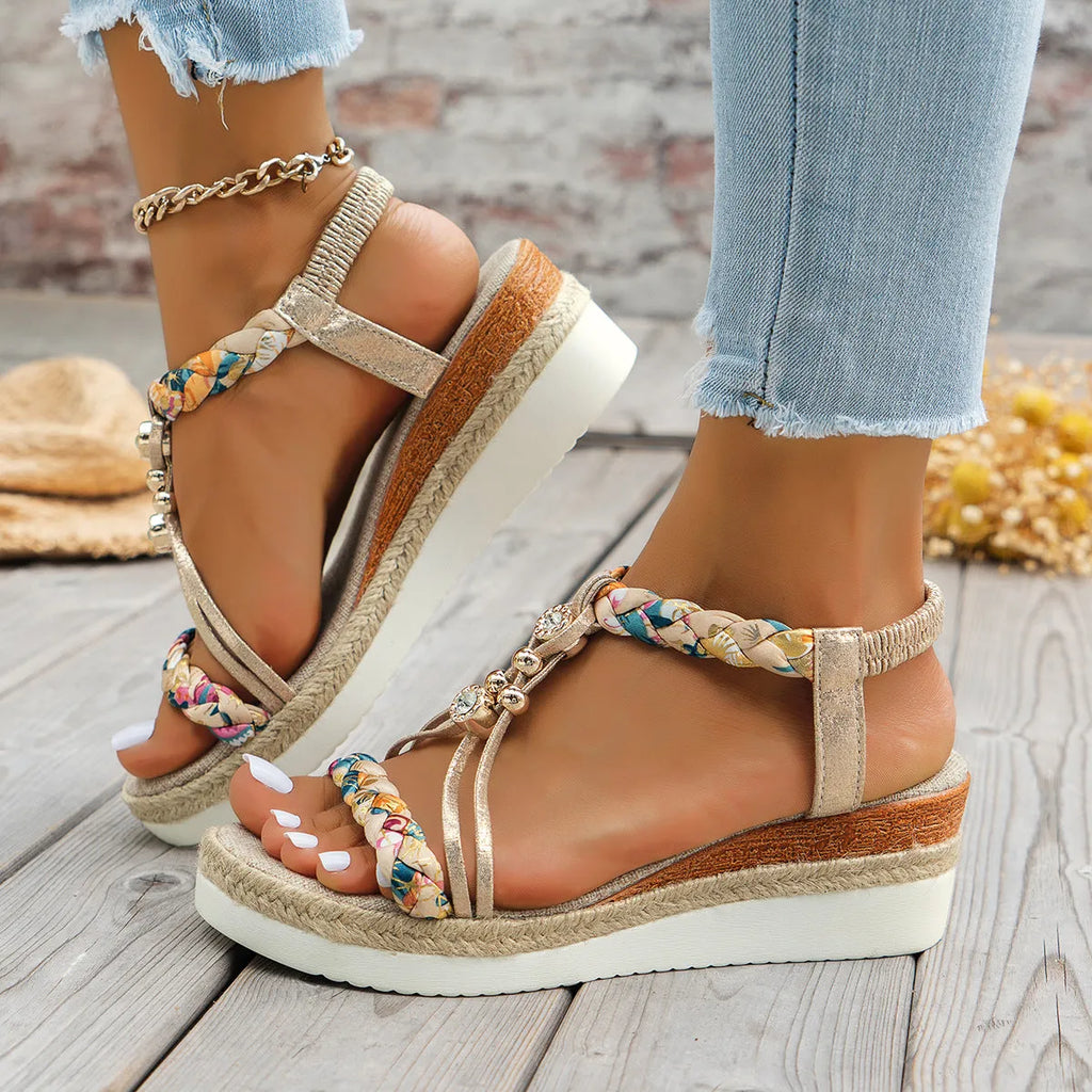 Gold rhinestone ornament wedge sandal with elastic strap, fish mouth toe, microfiber upper and rubber sole