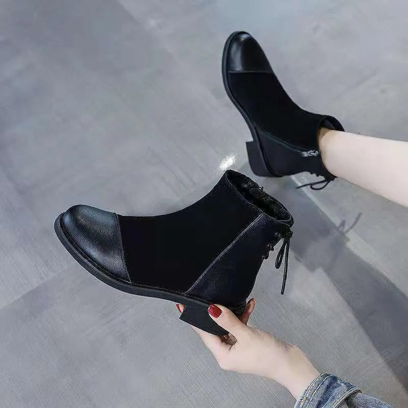 Black knee-high Martin boots for women with side zipper and round toe