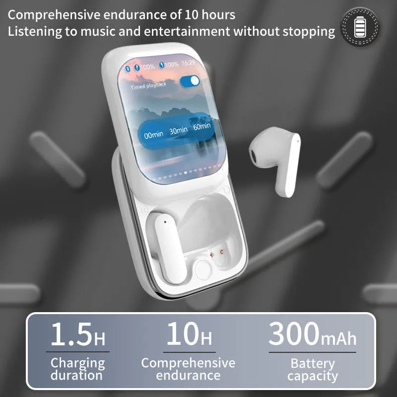 Touch high-definition large screen Bluetooth earphones in black with sliding touch control and 10m range.