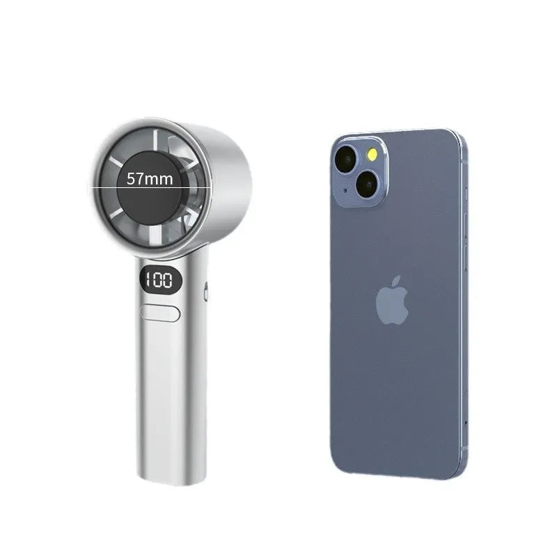 Handheld USB fan with variable speed control showing colour options of white, silver, khaki, and green