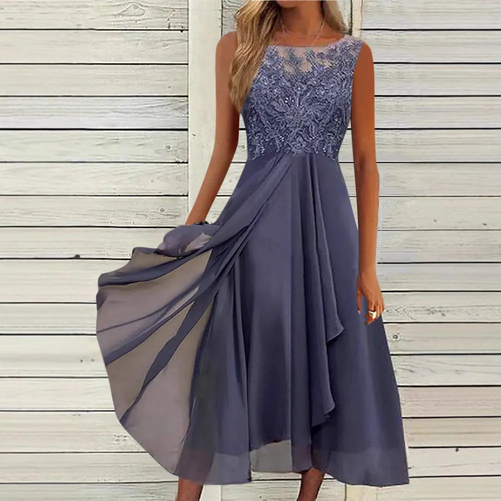 Women's sleeveless chiffon dress with lace stitching detail in green colour