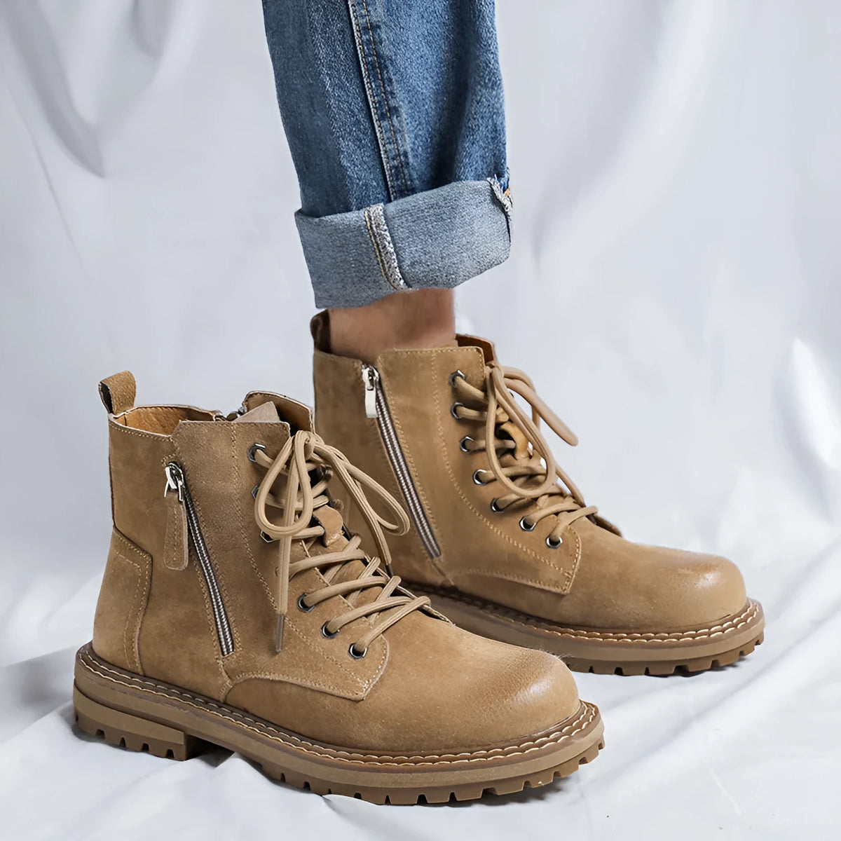 Side zip ankle boots with pigskin upper, seven-hole lace-up, English muffin heel, in black, khaki or yellow