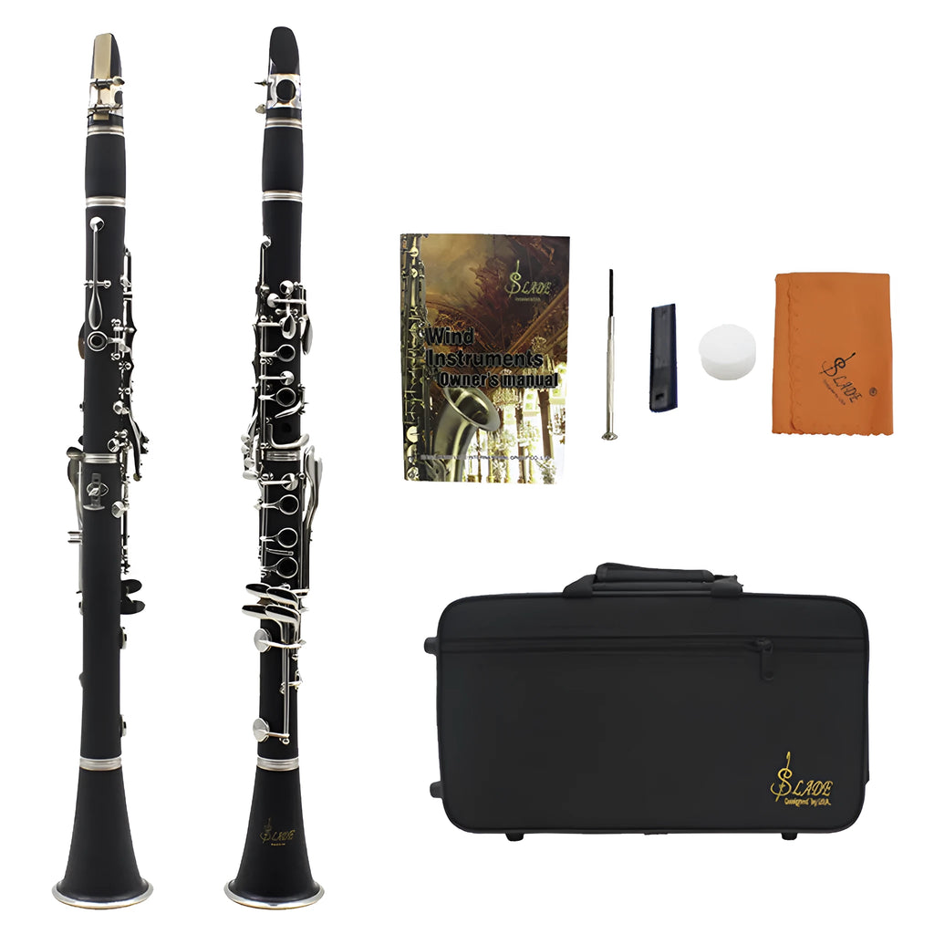 Black bakelite beginner clarinet with 17 nickel keys and a carrying bag.