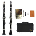 Black bakelite beginner clarinet with 17 nickel keys and a carrying bag.