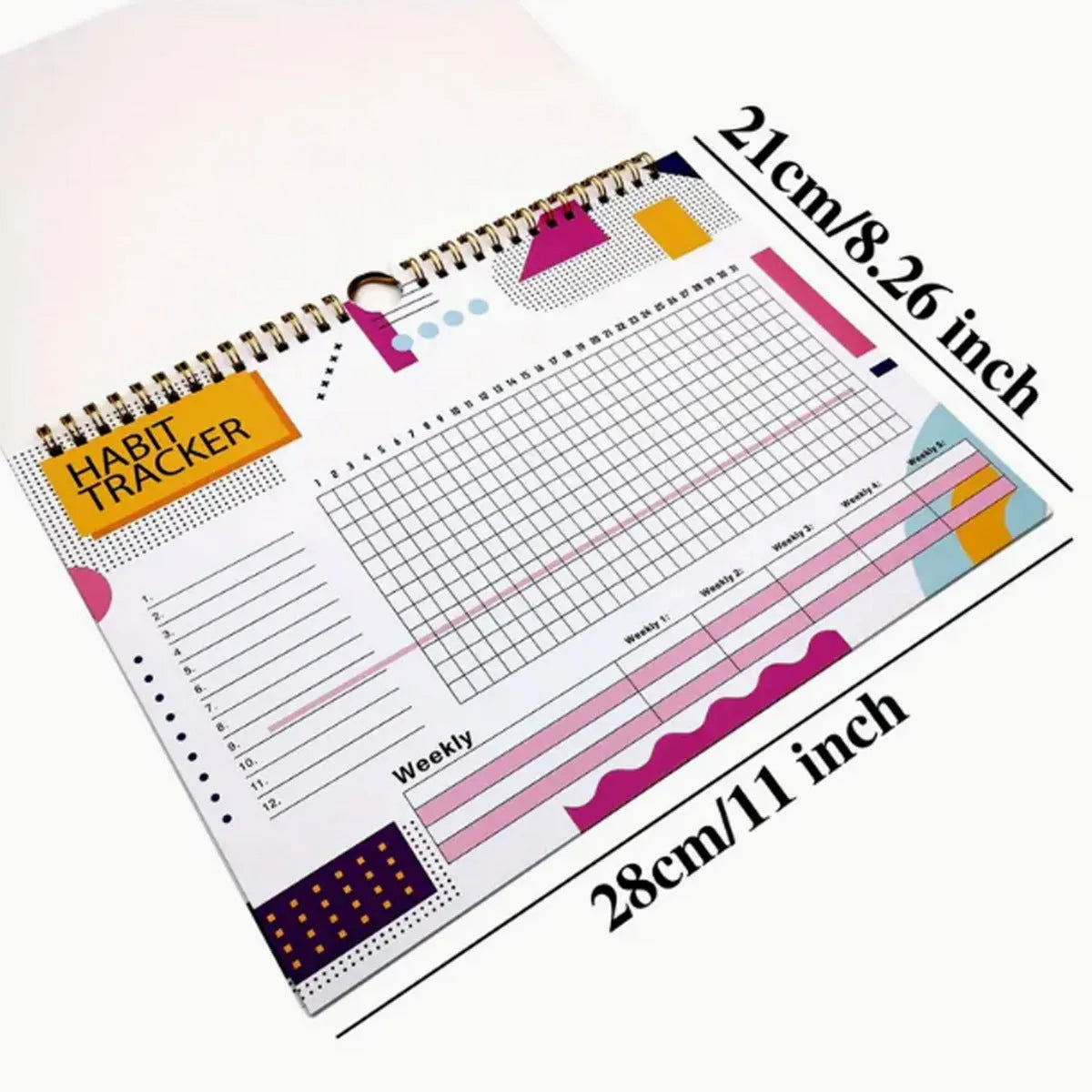 A4 habit tracking journal open showing 12 internal pages for schedule planning
