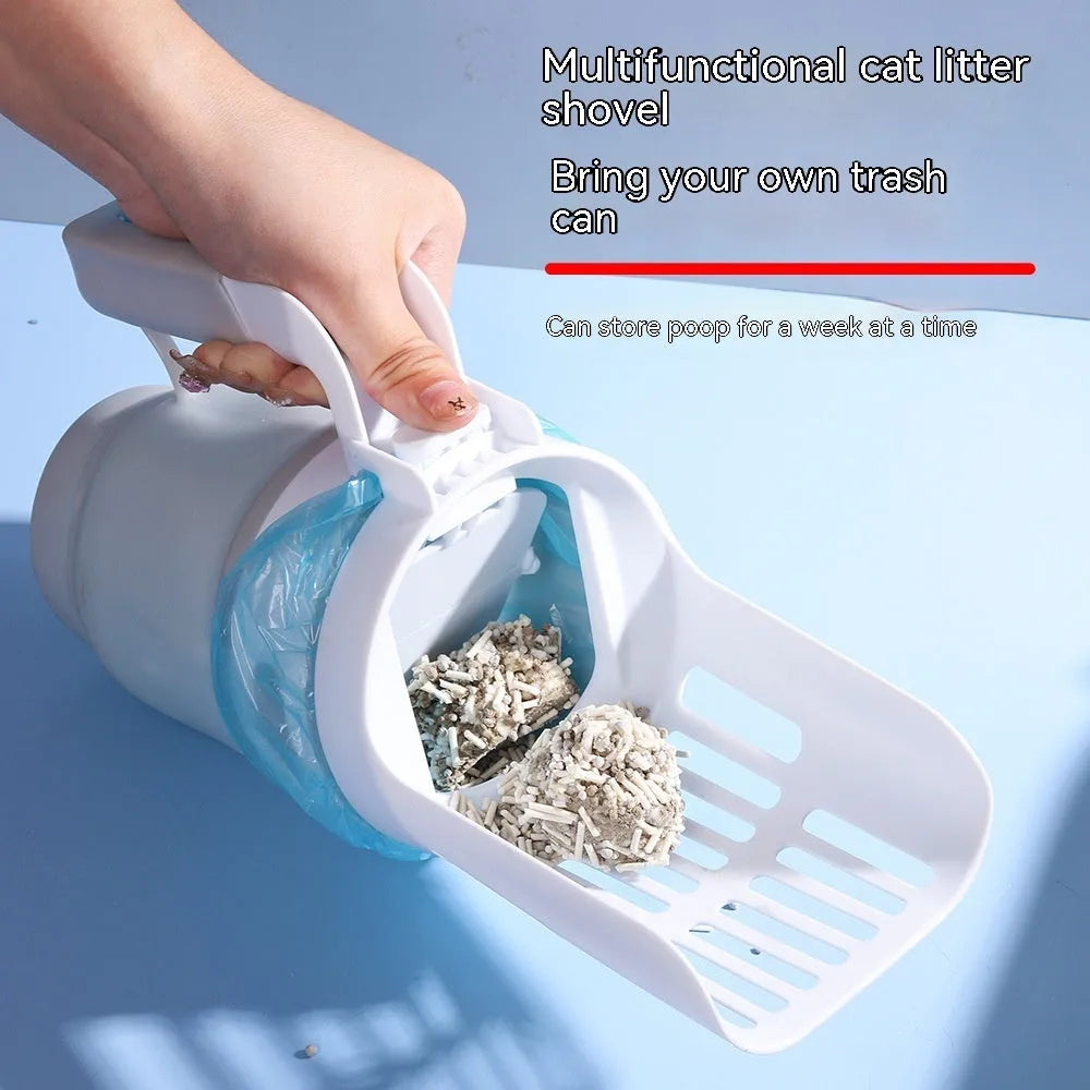 Grey, blue, and green cat litter scoop with attached waste compartment and foldable bottom.