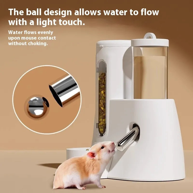 White hamster automatic drinking water feeder with integrated food basin for cage placement