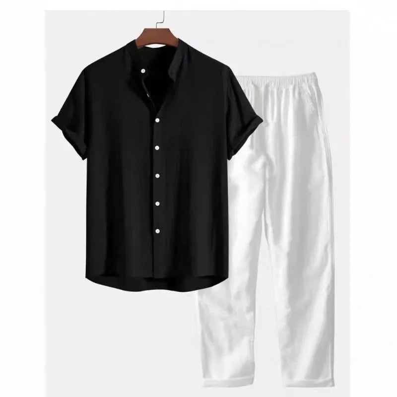 Man wearing casual loose short sleeve shirt and matching trousers in linen-style fabric