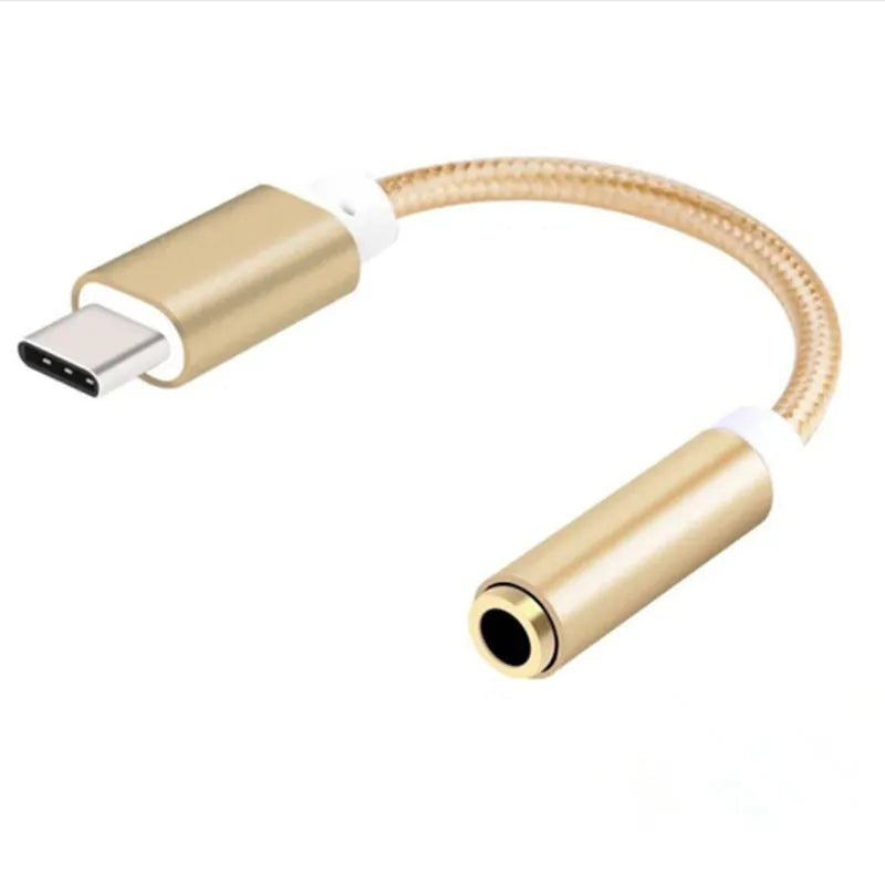 Woven nylon Type-C to 3.5mm female headphone adapter cable in black, silver, gold, and rose gold.