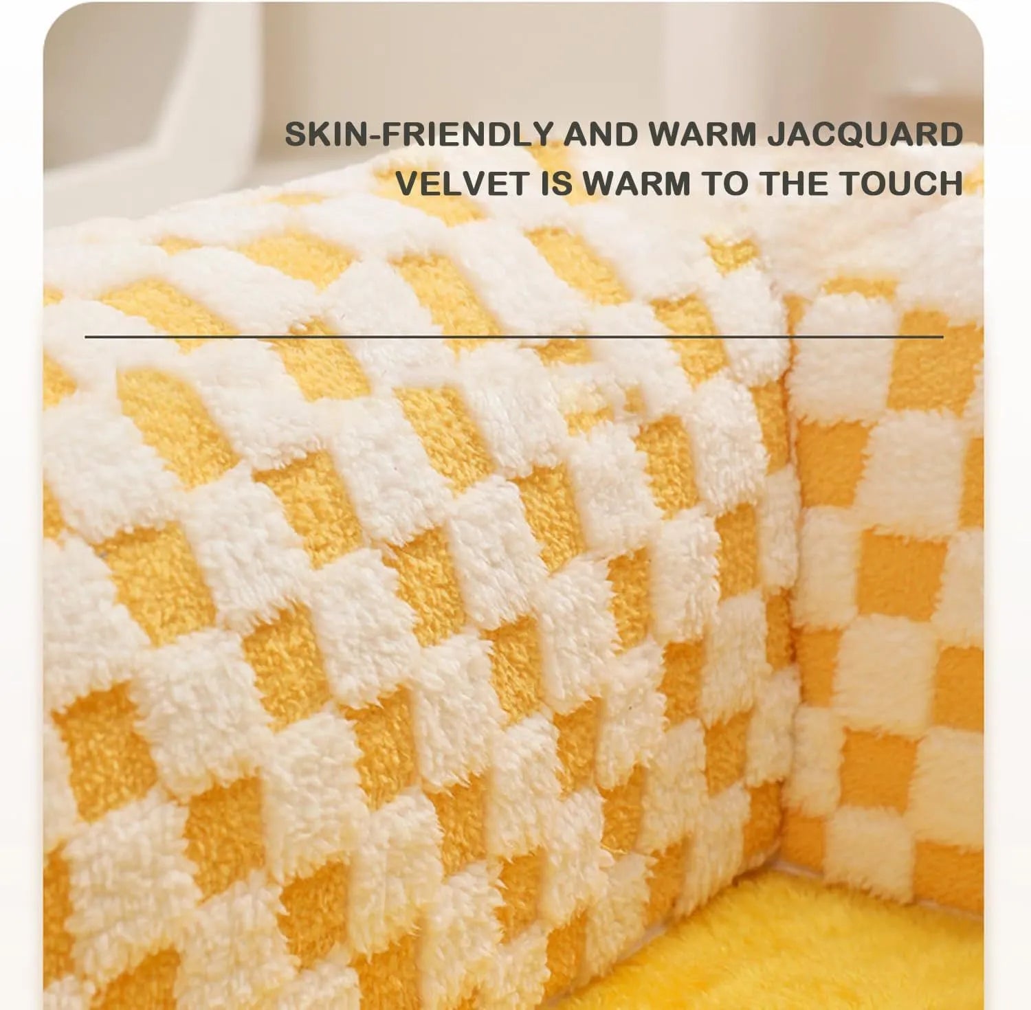 Fan-shaped plush pet bed with integrated tunnel in yellow, showing soft fabric and anti-slip base.