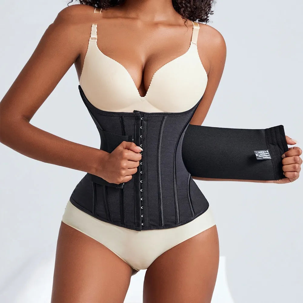 Nylon belly band waist training belt in black or apricot colour with belt tie design