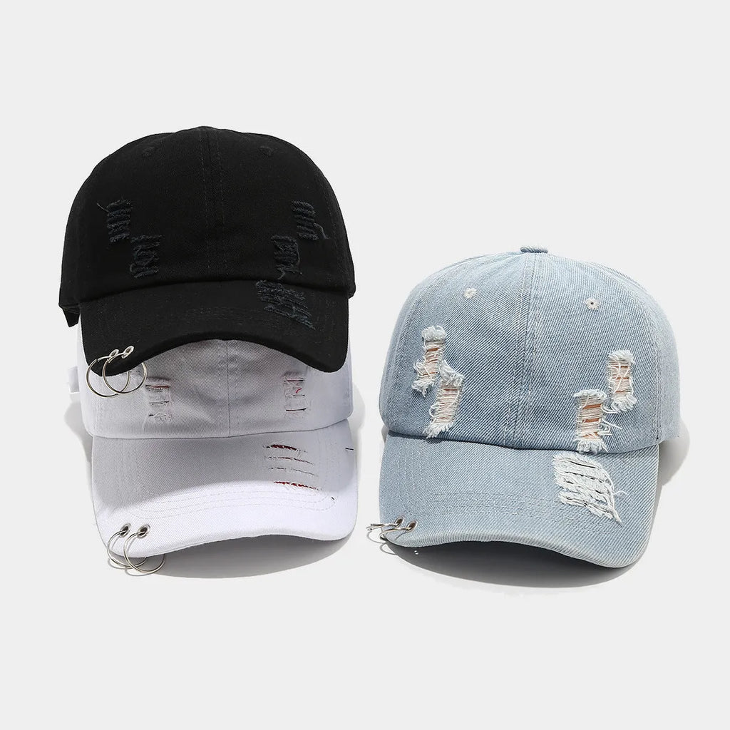 Men's denim peaked cap with dome crown in black, white, and light blue jeans colours showing adjustable strap