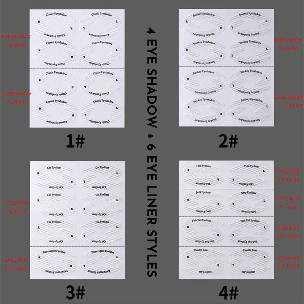 Set of four reusable eyeliner sticker makeup templates for wings and cat-eye designs