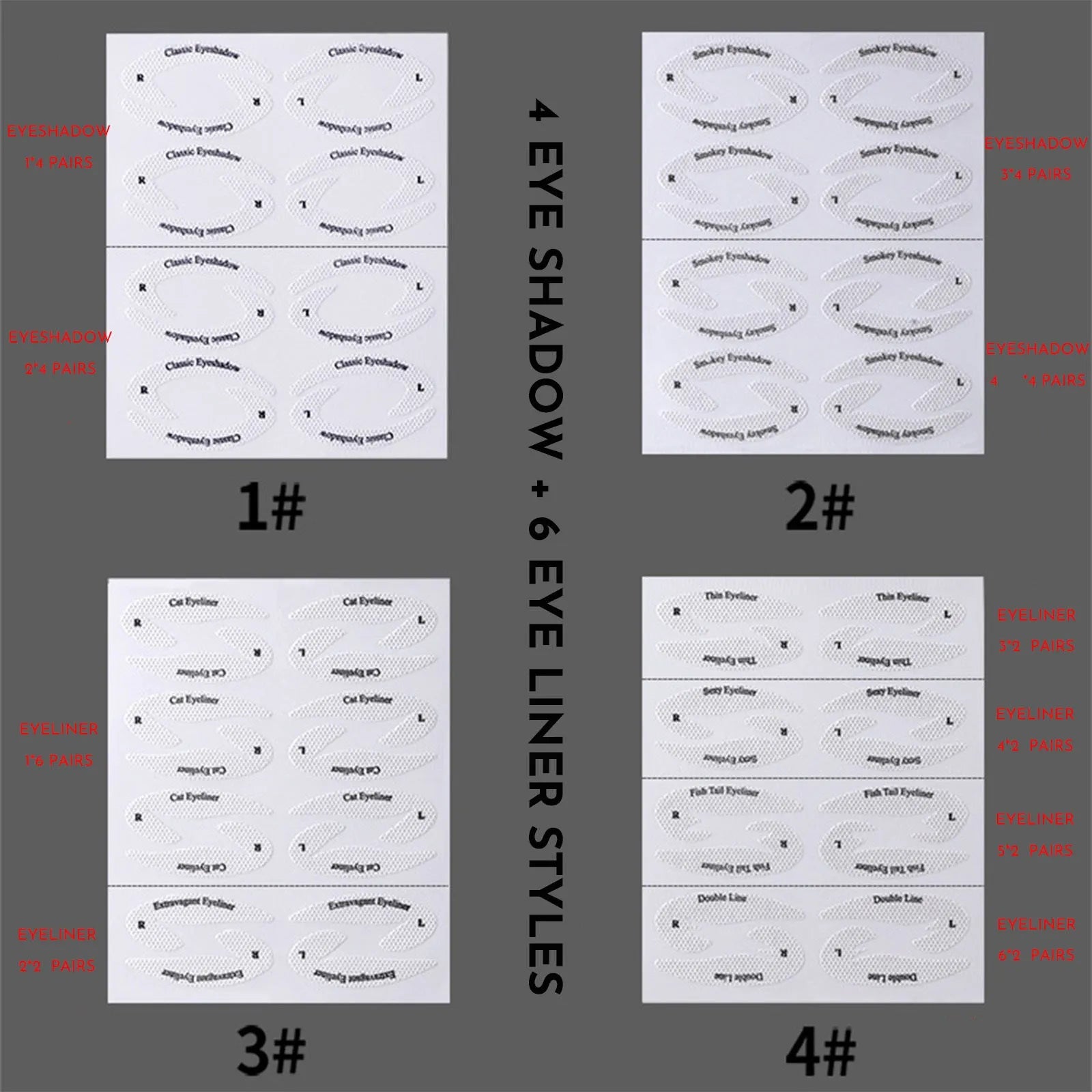 Set of four reusable eyeliner sticker makeup templates for wings and cat-eye designs