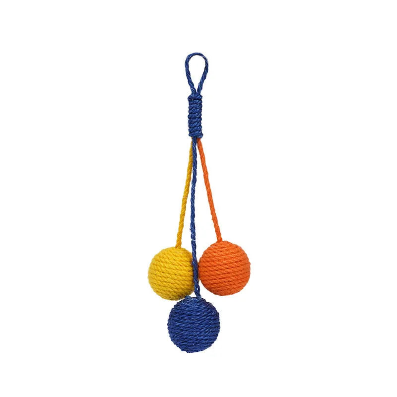 Cat toy set with teaser stick and assorted catnip balls in blue, green, red, yellow colours.