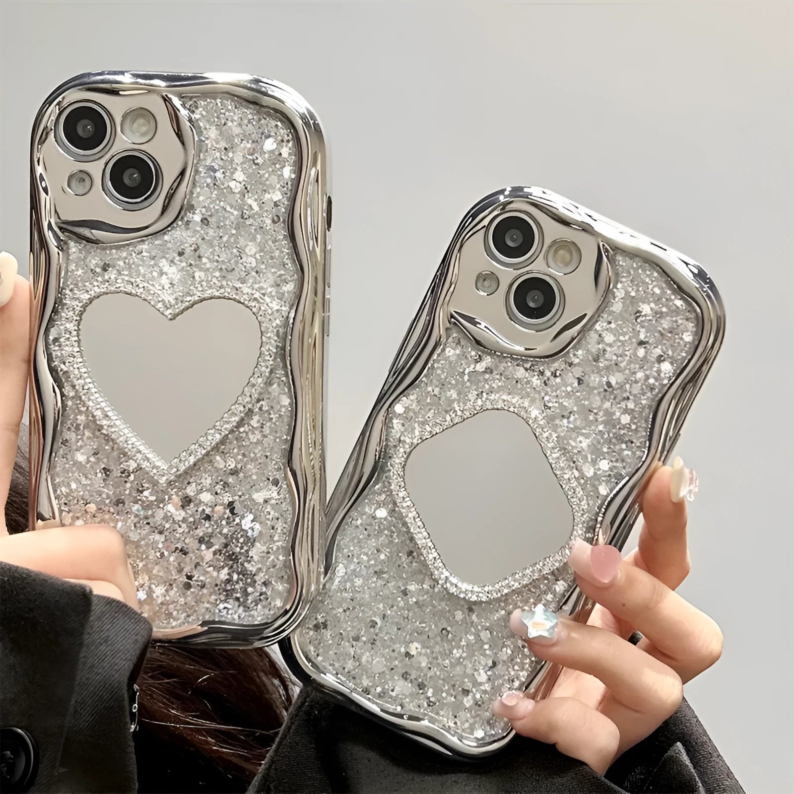 Silver grey TPU phone case with heart-shaped mirror insert and cream high flash epoxy shell for iPhone