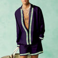 Men's casual summer shirt and shorts set in slim fit style with long sleeves and colour matching pattern