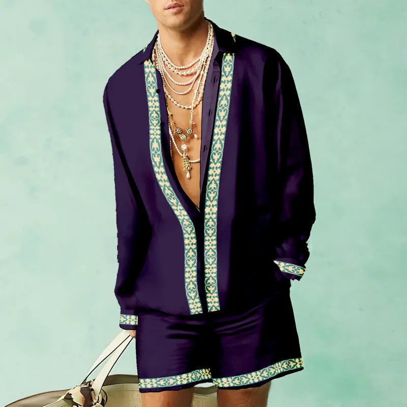 Men's casual summer shirt and shorts set in slim fit style with long sleeves and colour matching pattern