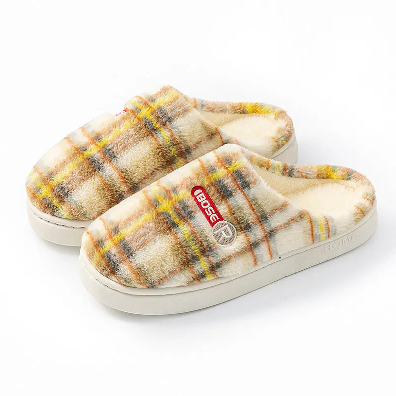 Women's plush warm non-slip plaid cotton shoes with PVC sole in yellow, green, purple, grey or coffee, sizes 36-45