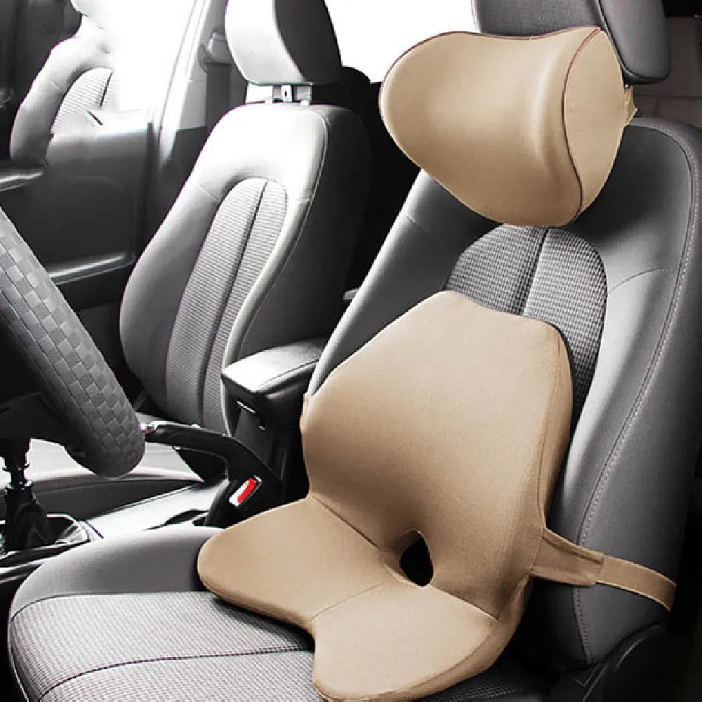 Car waist pad and headrest bundle in beige colour, made with memory cotton and a polyester cover.