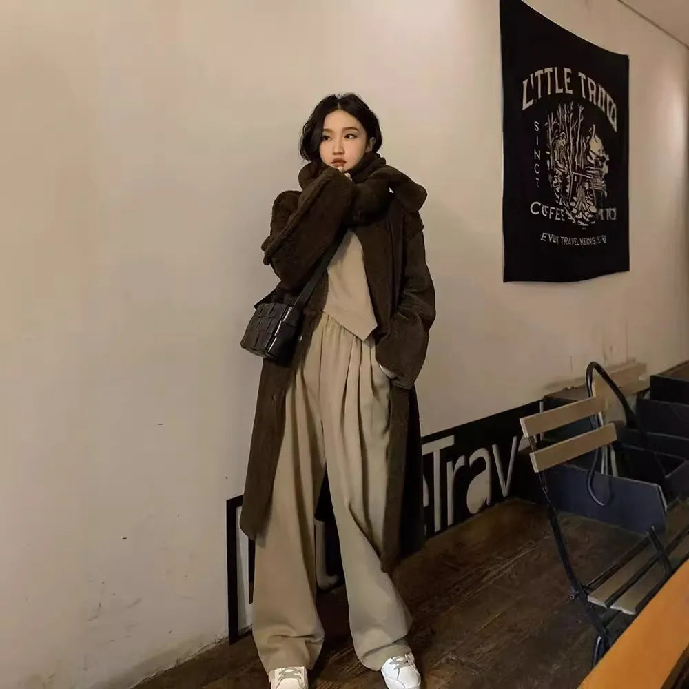 Women's loose fit casual sports suit set in solid khaki colour with long sleeves