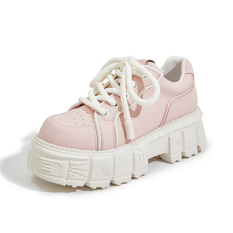 Beige and pink casual leather shoes with muffin bottom design and height increasing soles