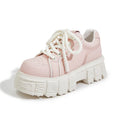 Beige and pink casual leather shoes with muffin bottom design and height increasing soles