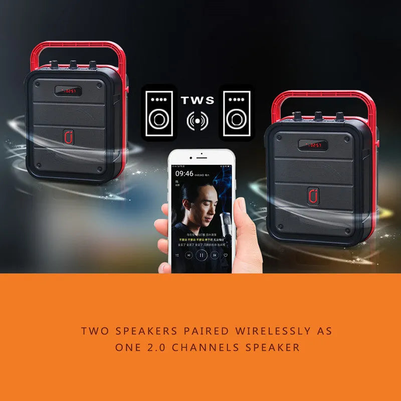 MS62AI portable Bluetooth speaker with wireless microphone, remote control, and strap