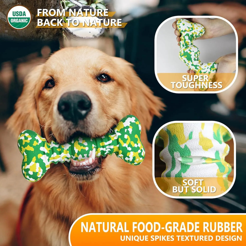 Organic natural rubber dog chew toy in camouflage pattern for aggressive chewers, showing two size options