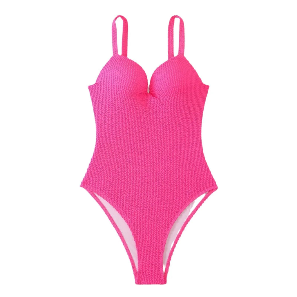 Women's one-piece swimsuit with a sunken stripe pattern in various colours.