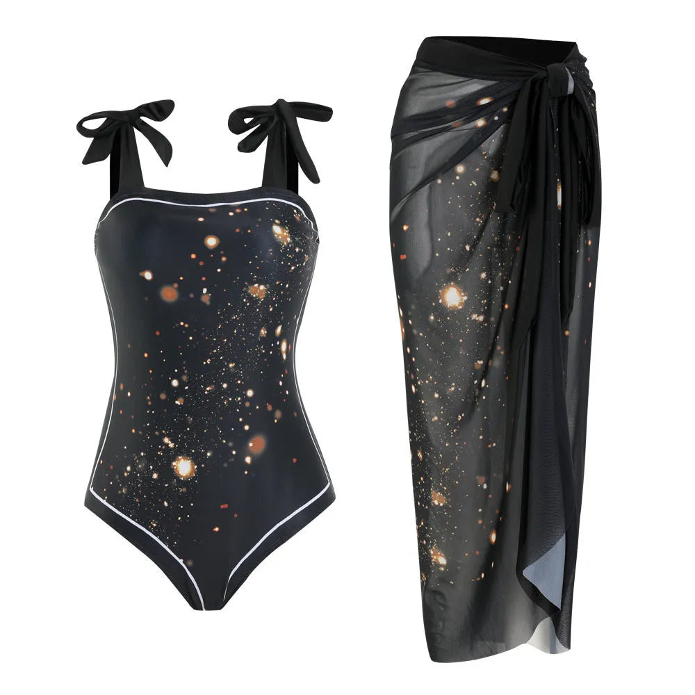 Floral print conservative one-piece swimsuit with mesh tube top and matching skirt