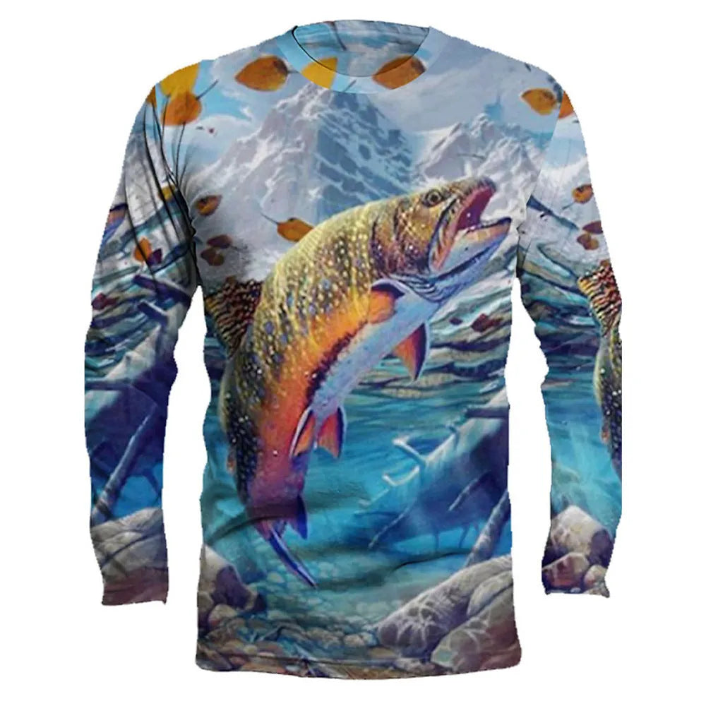 Men's grey round neck long-sleeved pullover with a detailed all-over print of white fish.