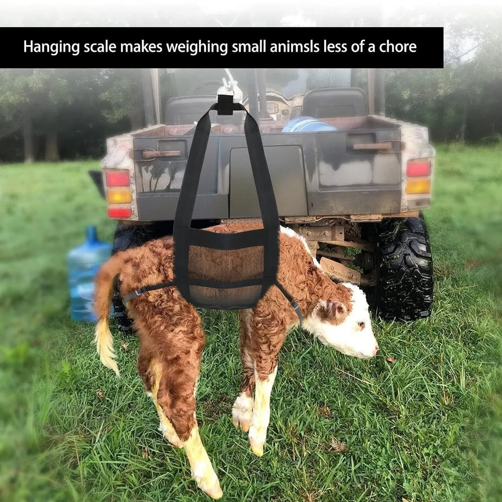 Black woven fabric sling for weighing calves and large dogs, shown with four attachment loops.