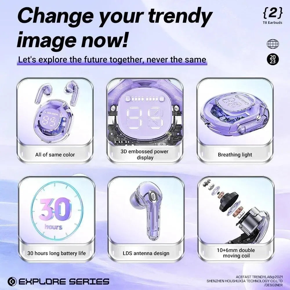 Transparent wireless Bluetooth in-ear headset shown in multiple colour options on a white background.