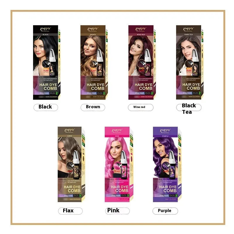 Hair dye kit showing three 200ml tubes in brown, wine red, and dark brown shades with comb applicator