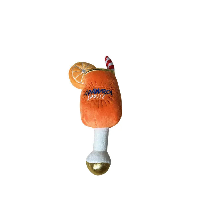 Yellow wine glass shaped plush beer bottle dog toy with squeaker and teeth-cleaning mechanism