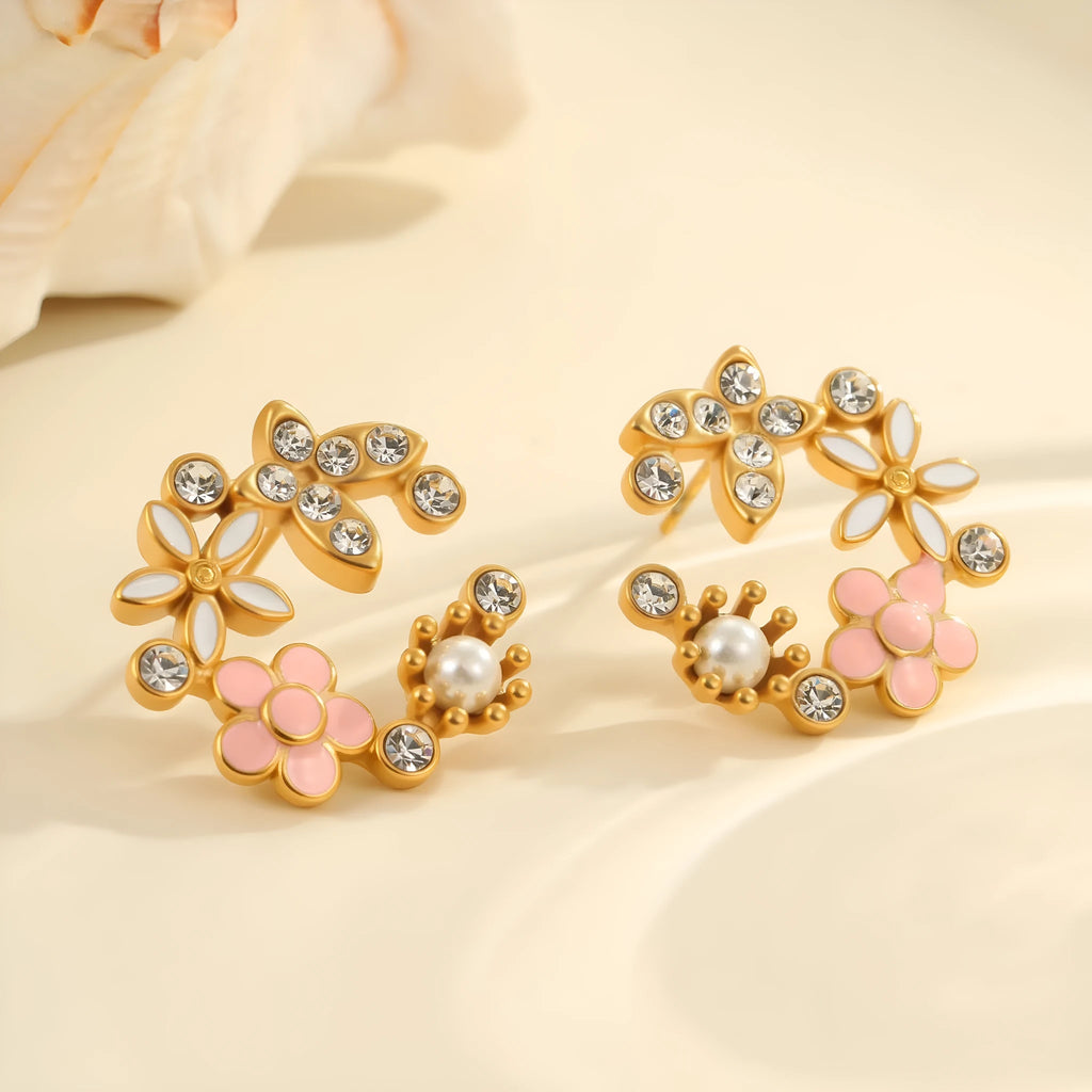Gold-plated flower stud earrings with colourful oil diamond centre and petal design on stainless steel