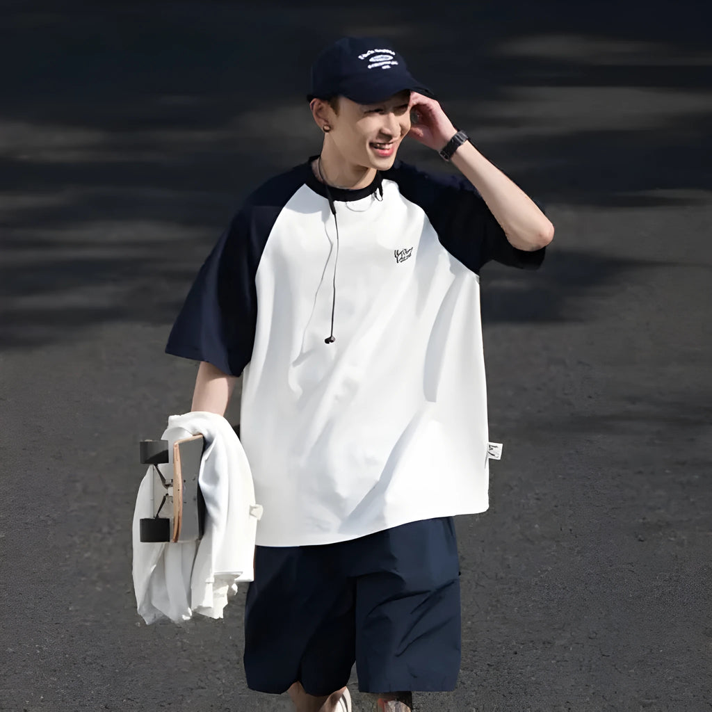 Men's Japanese junior raglan sleeve t-shirt in blue, green and grey colours