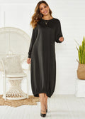 Black loose lantern dress with lace-up crew neckline and long sleeves