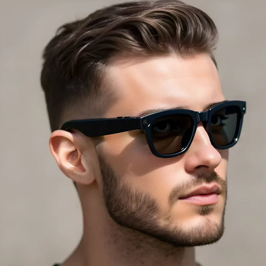 Black and transparent lens smart glasses with built-in camera for AI translation and video recording