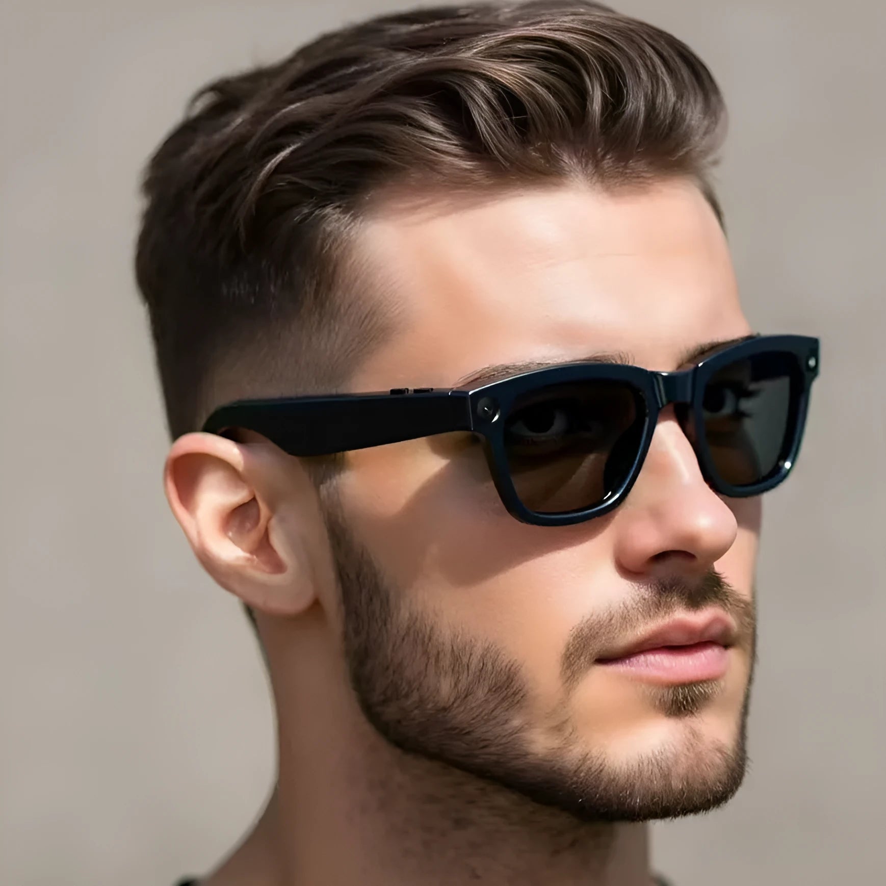 Black and transparent lens smart glasses with built-in camera for AI translation and video recording