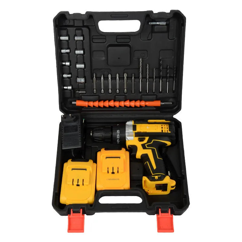 Multifunctional lithium electric drill screwdriver set with rechargeable battery, three-jaw chuck, and plastic storage box.