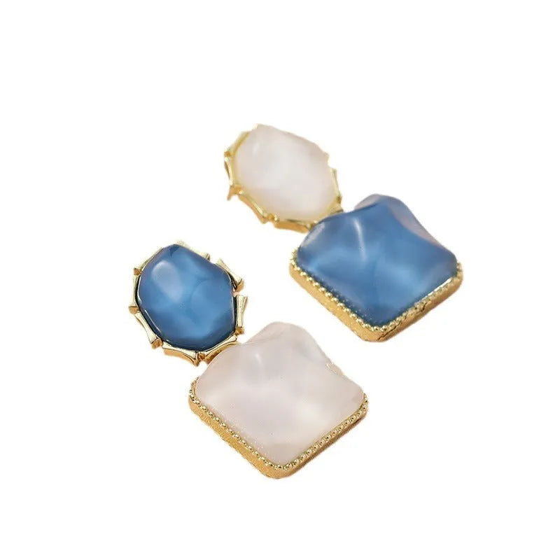 Contrast colour water ripple geometric square earrings in light blue, electroplated alloy, side view