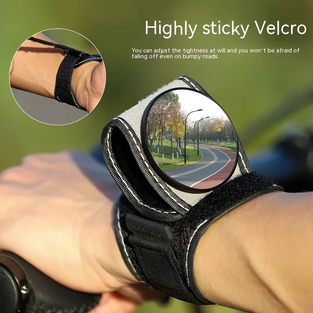 Black nylon bicycle rear-view mirror showing wrist and handlebar mounting options