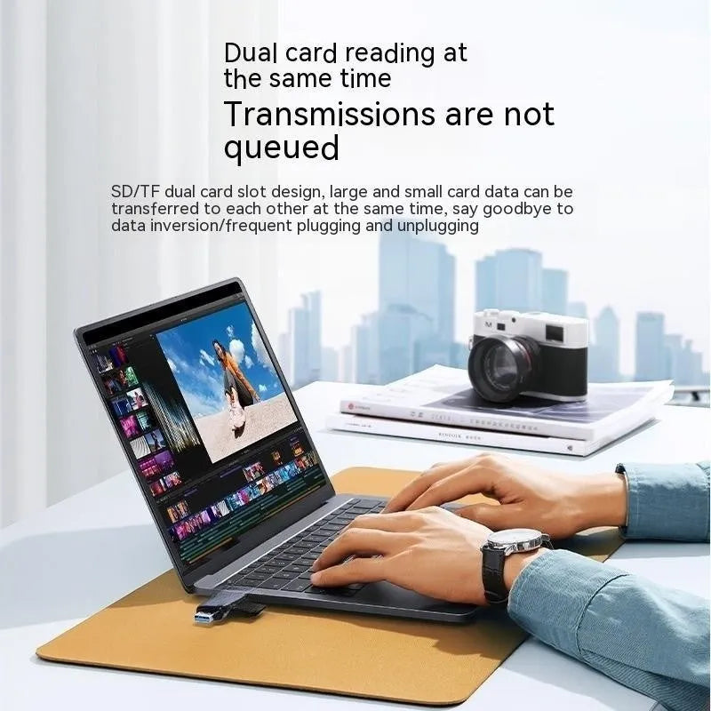 Multi-function SD to TF card reader with USB3.0 and Type-C interface, aluminium alloy or ABS body, 20 x 11 x 74 mm