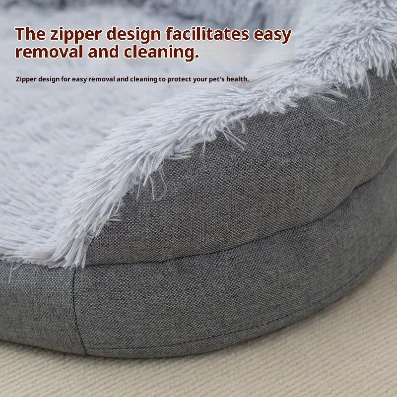 Grey long wool oval open nest dog kennel, cloth plush pet bed in Medium or Large size
