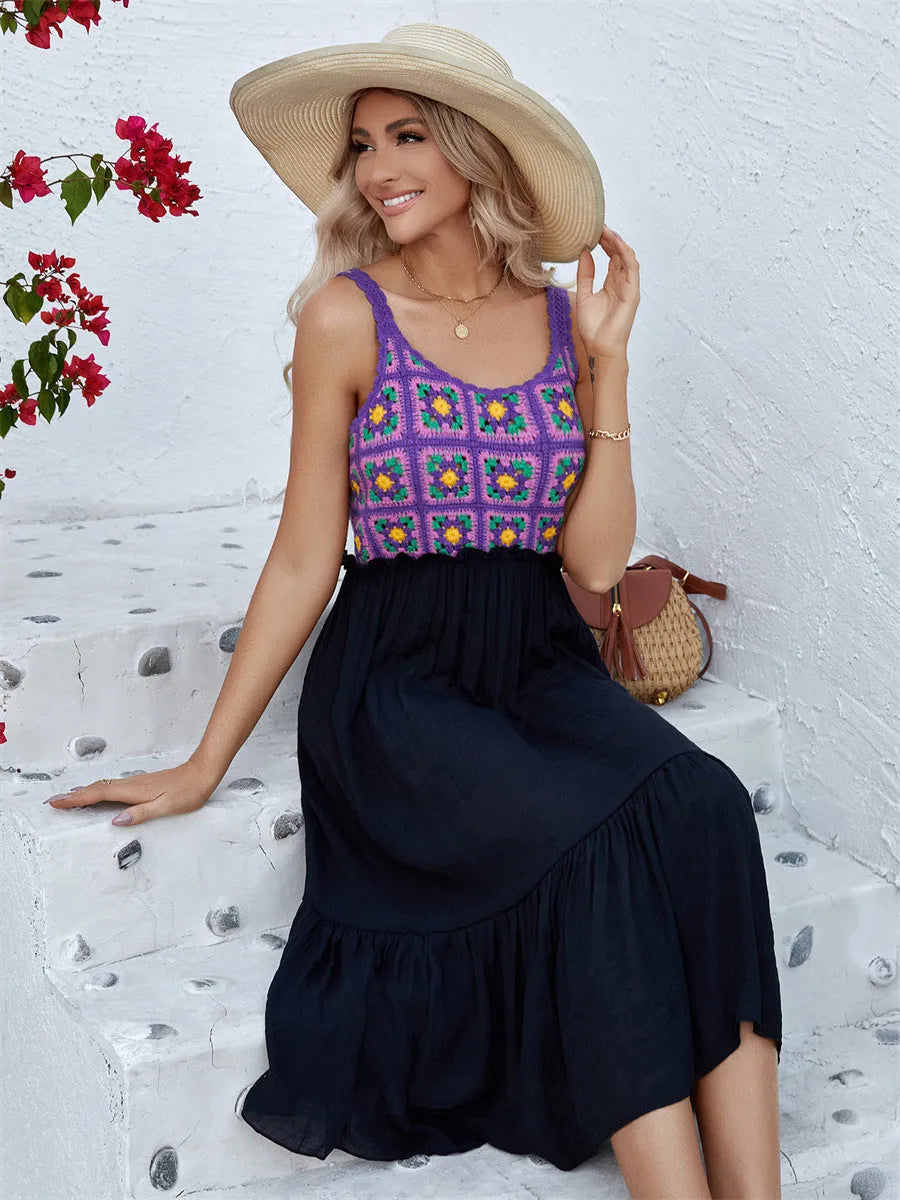 Purple sleeveless dress with hand hook flower stitching embroidery, cotton blend and acrylic fabric construction